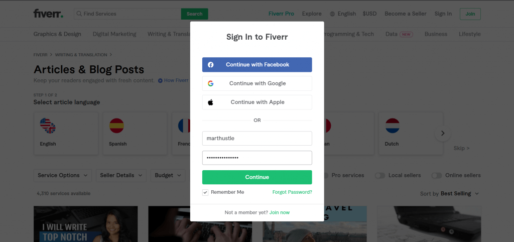 Fiverr Signup Page Interface